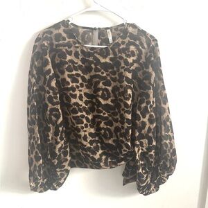Truth Blouse Leopard Print Large Balloon Sleeve Grunge Brown Chiffon Dressy Chic